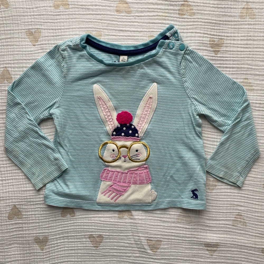 Joules Aqua Striped Long-Sleeve Top with Bunny Appliqué and Pink Accents